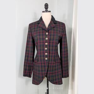Vintage Lauren Ralph Lauren Plaid Blazer 4 Equestrian USA Wool Velvet Tartan 90S